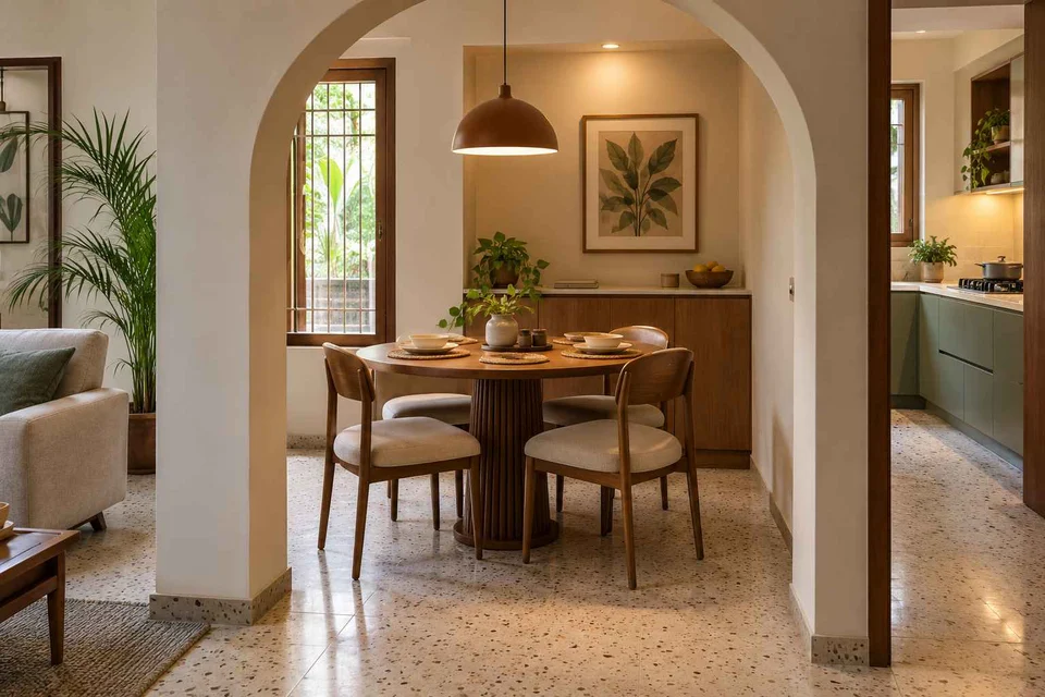AI-generated dining-room concept: arched-alcove dining, homework-to-dinner transition direction