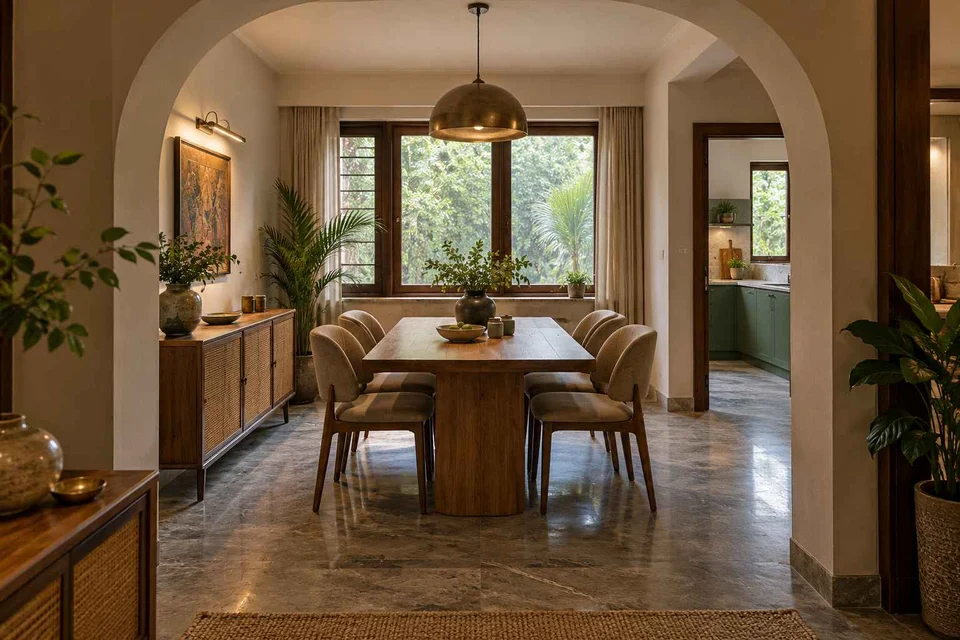 AI-generated dining-room concept: arched-alcove dining, monsoon lunch light direction
