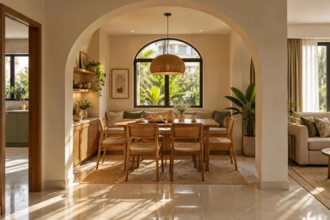 AI-generated dining-room concept: arched-alcove dining, morning breakfast rhythm direction