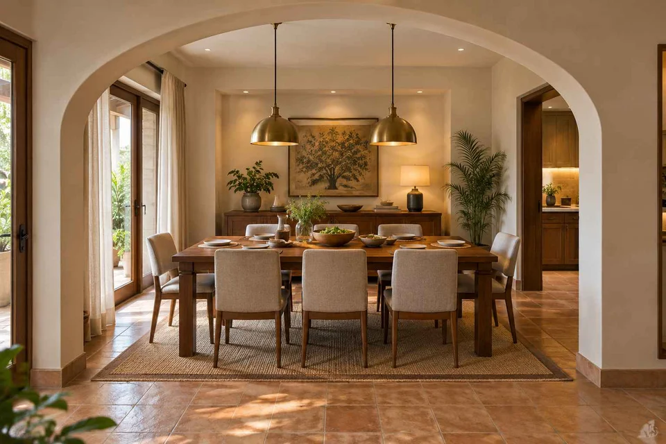 AI-generated dining-room concept: arched-alcove dining, serving bowl sharing direction