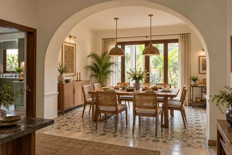 AI-generated dining-room concept: arched-alcove dining, slow weekend brunch direction