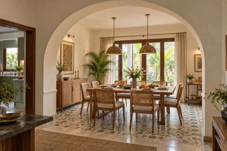 AI-generated dining-room concept: arched-alcove dining, slow weekend brunch direction