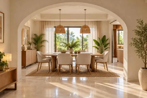 AI-generated dining-room concept: arched-alcove dining, summer-airiness dining direction