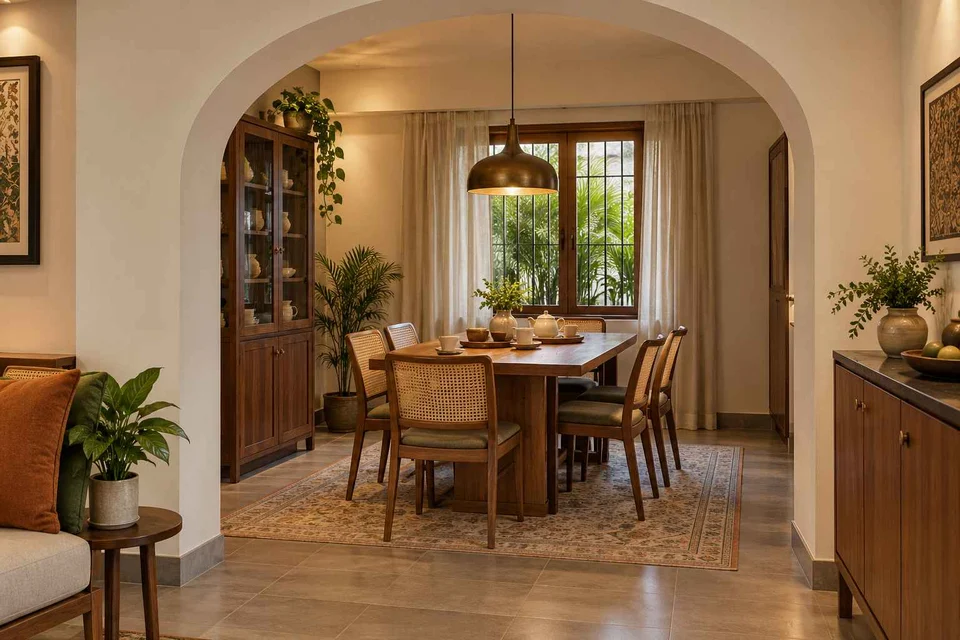 AI-generated dining-room concept: arched-alcove dining, tea with friends direction