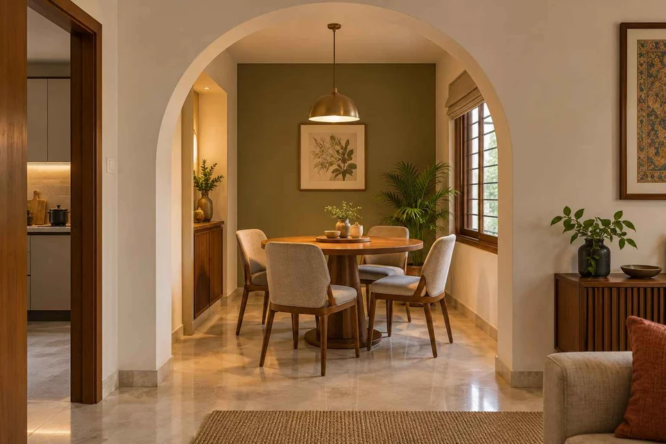 AI-generated dining-room concept: arched-alcove dining, visiting-parents meal direction