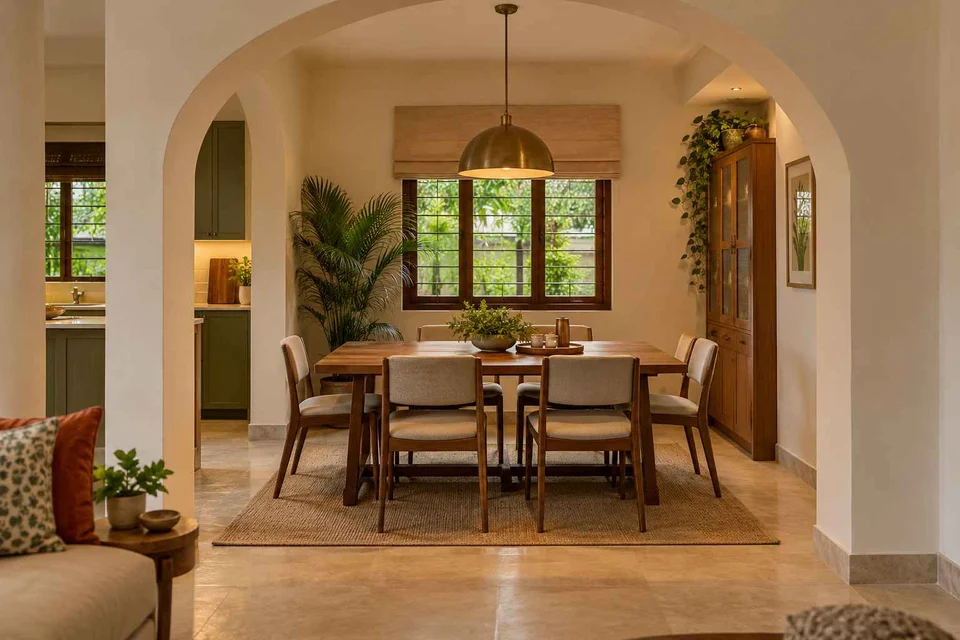 AI-generated dining-room concept: arched-alcove dining, weekend craft-to-meal reset direction