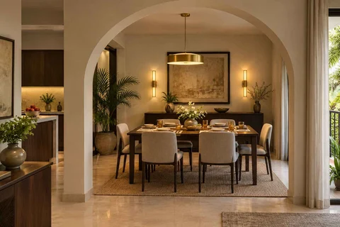 AI-generated dining-room concept: arched-alcove dining, weeknight compact hosting direction