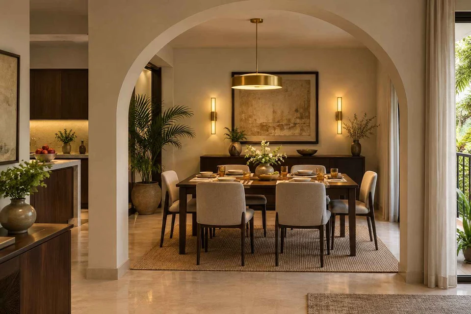 AI-generated dining-room concept: arched-alcove dining, weeknight compact hosting direction