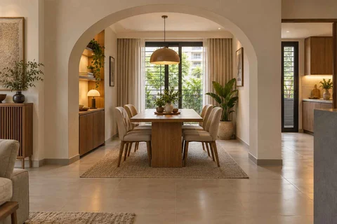 AI-generated dining-room concept: arched-alcove dining, work-from-home reset direction