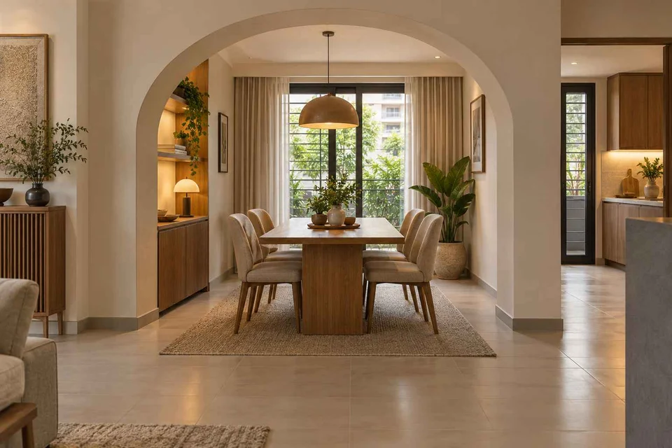 AI-generated dining-room concept: arched-alcove dining, work-from-home reset direction