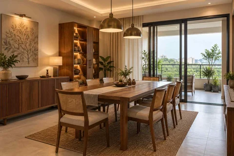 AI-generated dining-room concept: balcony-door dining, adaptable everyday dining direction