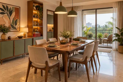 AI-generated dining-room concept: balcony-door dining, board-game supper direction