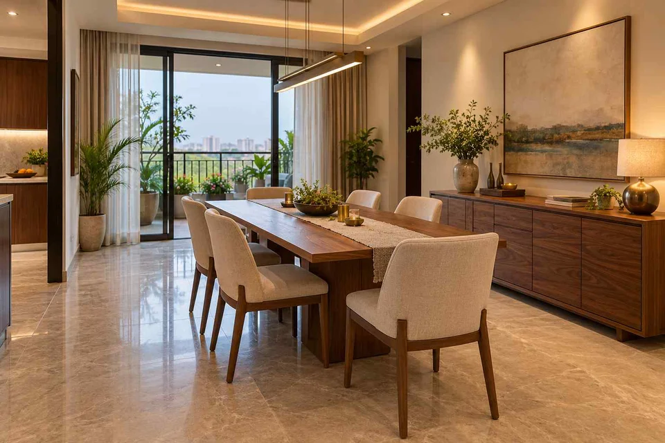 AI-generated dining-room concept: balcony-door dining, buffet-side gathering direction