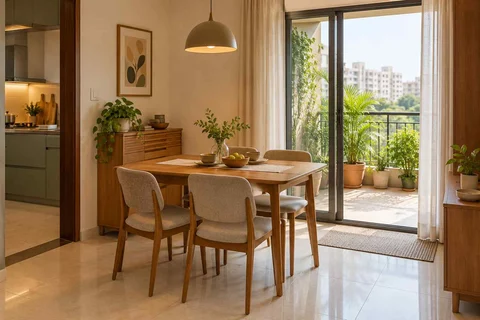 AI-generated dining-room concept: balcony-door dining, children's everyday meals direction