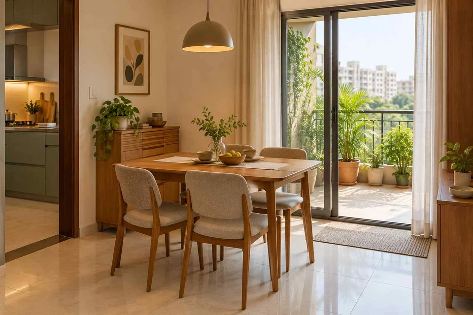 AI-generated dining-room concept: balcony-door dining, children's everyday meals direction
