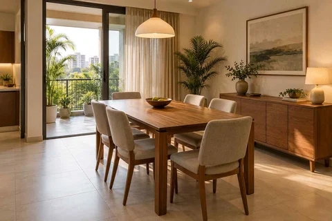 AI-generated dining-room concept: balcony-door dining, clear-table daily reset direction