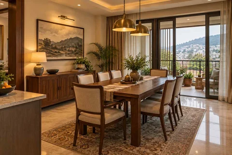 AI-generated dining-room concept: balcony-door dining, cool-season family table direction