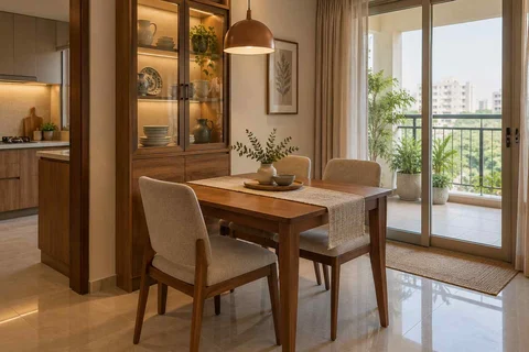 AI-generated dining-room concept: balcony-door dining, crockery collection display direction