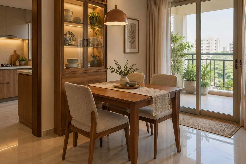 AI-generated dining-room concept: balcony-door dining, crockery collection display direction