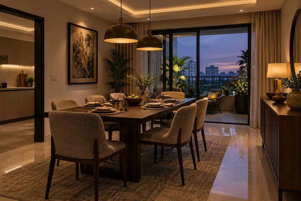 AI-generated dining-room concept: balcony-door dining, evening candleless dinner direction