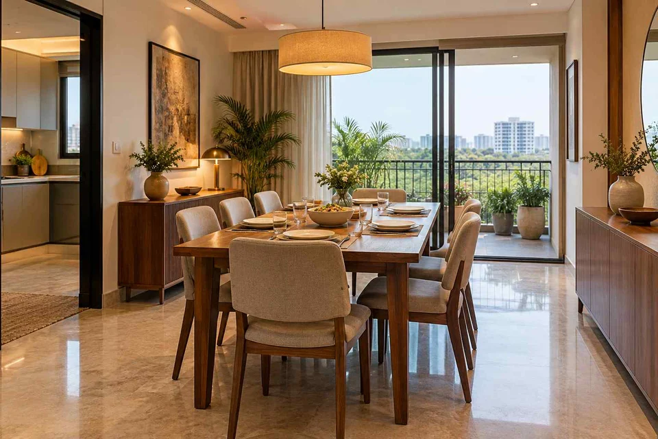 AI-generated dining-room concept: balcony-door dining, everyday family supper direction