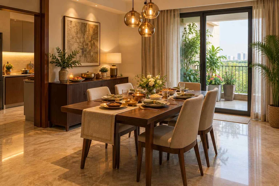 AI-generated dining-room concept: balcony-door dining, festival meal preparation direction