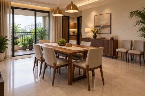 AI-generated dining-room concept: balcony-door dining, flexible extra seats direction