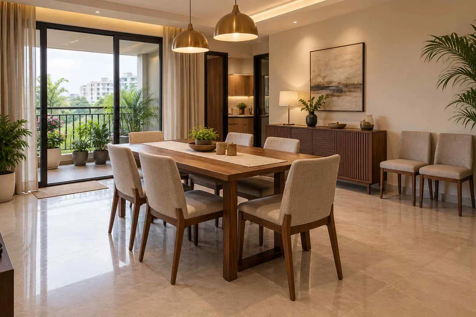 AI-generated dining-room concept: balcony-door dining, flexible extra seats direction