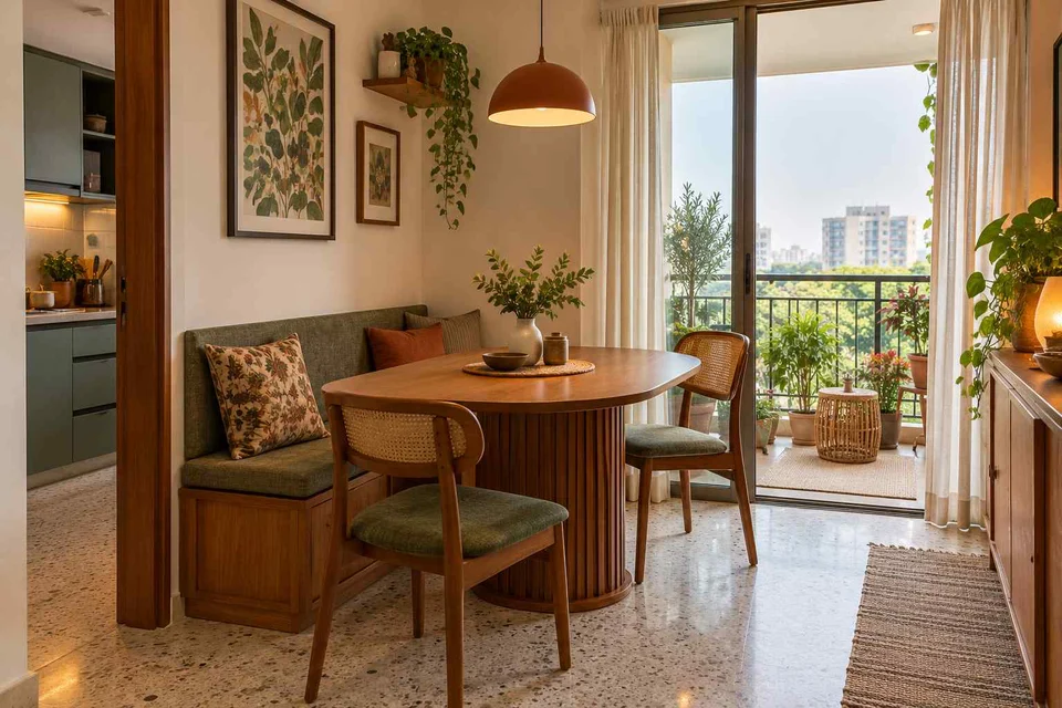AI-generated dining-room concept: balcony-door dining, grandparents and grandchildren direction