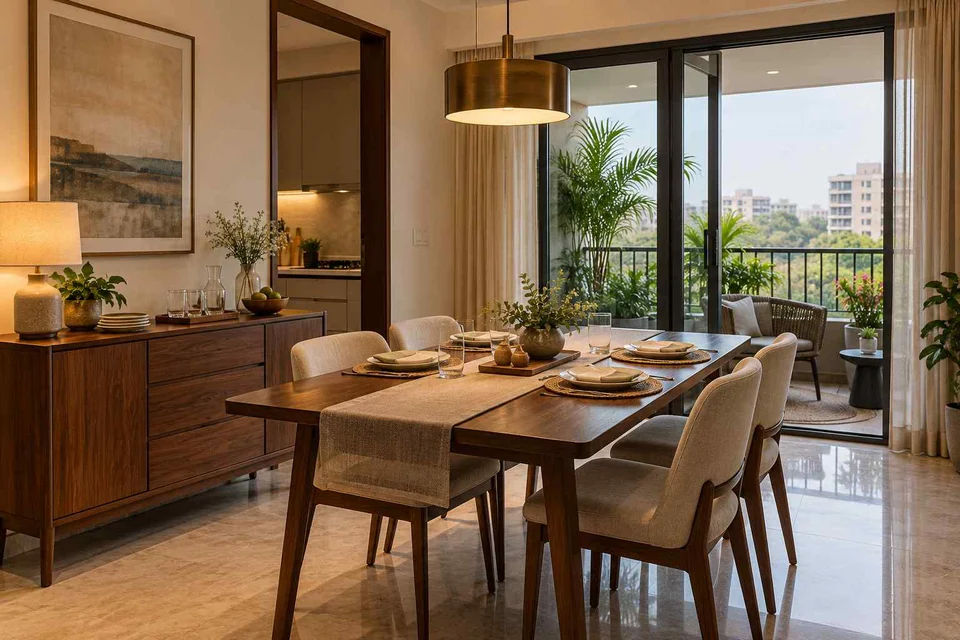 AI-generated dining-room concept: balcony-door dining, guest welcome meal direction
