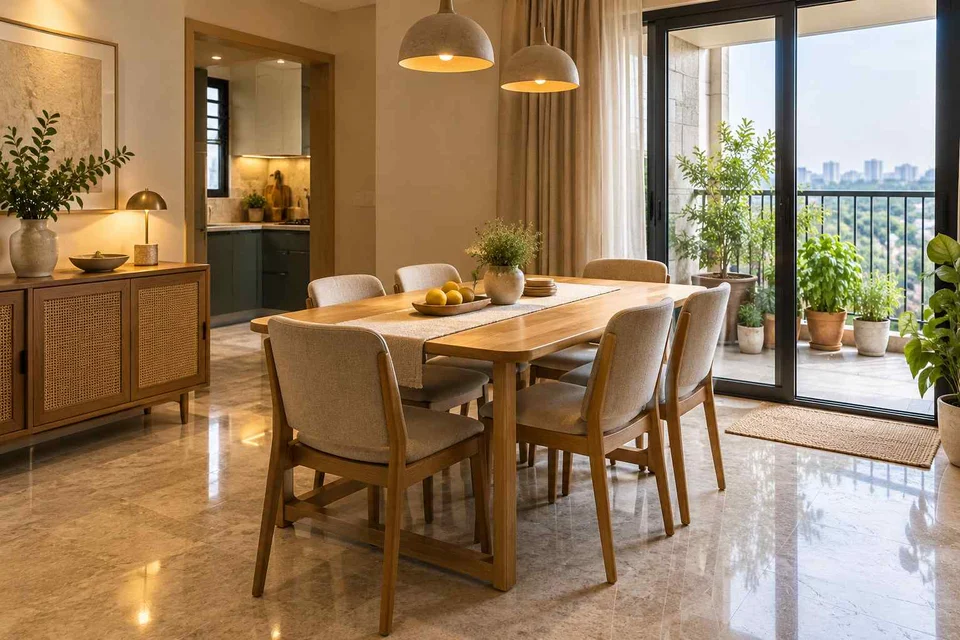 AI-generated dining-room concept: balcony-door dining, homegrown herb table direction