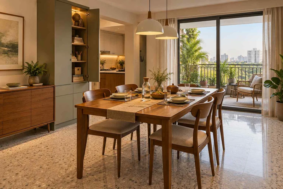 AI-generated dining-room concept: balcony-door dining, homework-to-dinner transition direction