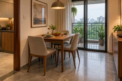 AI-generated dining-room concept: balcony-door dining, monsoon lunch light direction