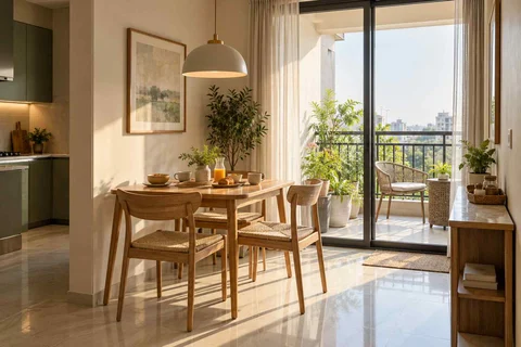 AI-generated dining-room concept: balcony-door dining, morning breakfast rhythm direction