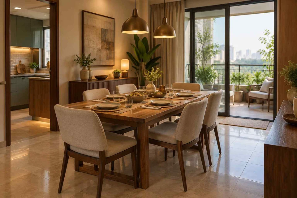 AI-generated dining-room concept: balcony-door dining, serving bowl sharing direction