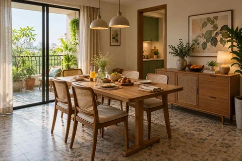 AI-generated dining-room concept: balcony-door dining, slow weekend brunch direction