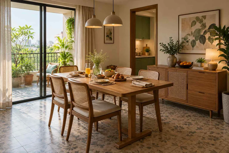 AI-generated dining-room concept: balcony-door dining, slow weekend brunch direction