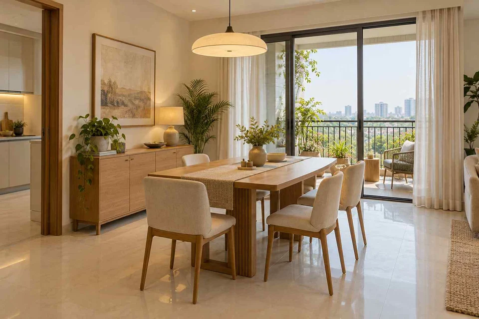 AI-generated dining-room concept: balcony-door dining, summer-airiness dining direction