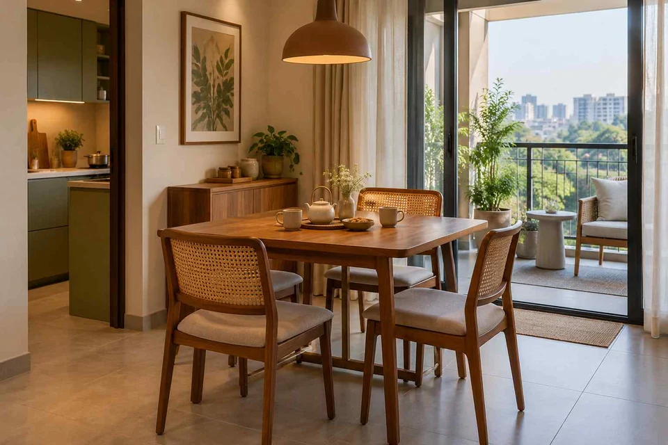AI-generated dining-room concept: balcony-door dining, tea with friends direction