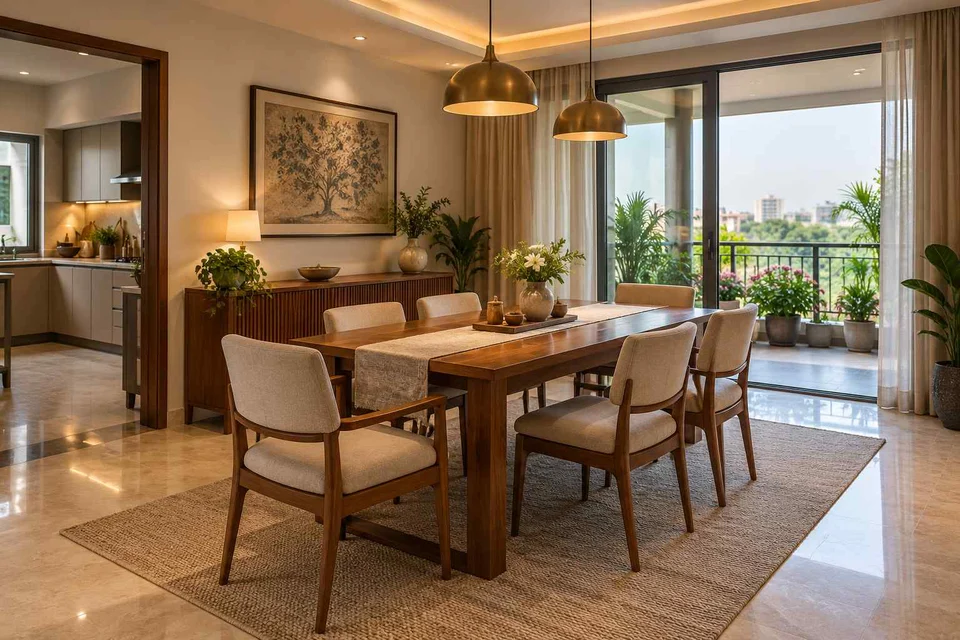 AI-generated dining-room concept: balcony-door dining, visiting-parents meal direction