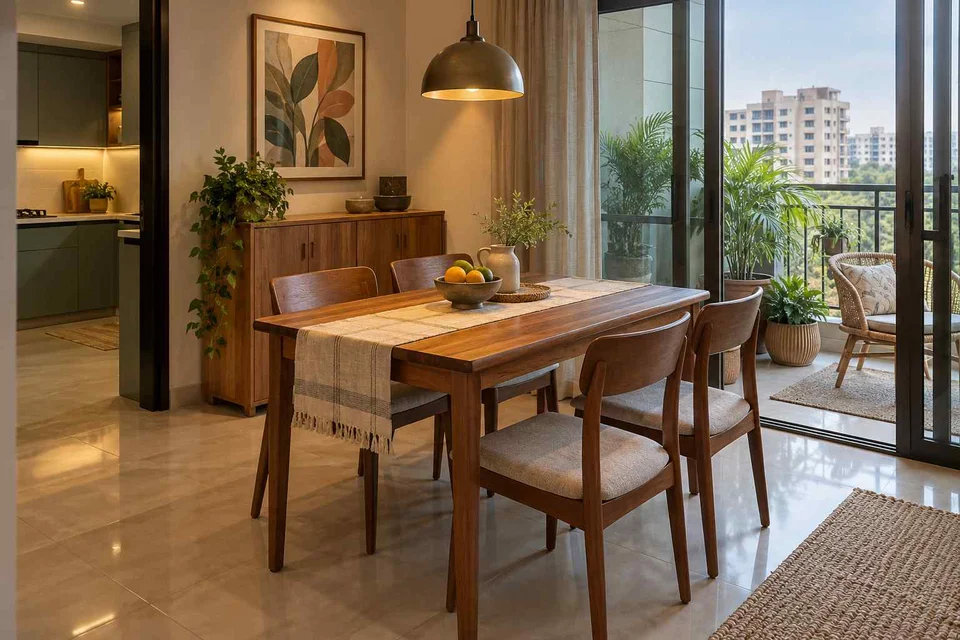 AI-generated dining-room concept: balcony-door dining, weekend craft-to-meal reset direction
