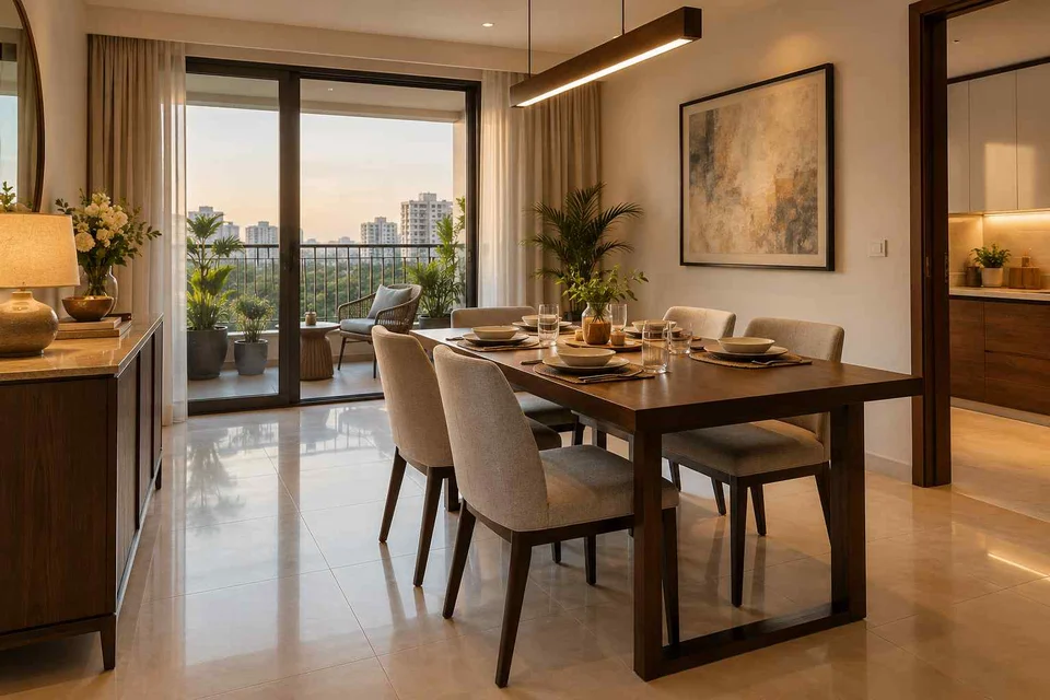 AI-generated dining-room concept: balcony-door dining, weeknight compact hosting direction
