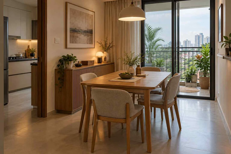 AI-generated dining-room concept: balcony-door dining, work-from-home reset direction