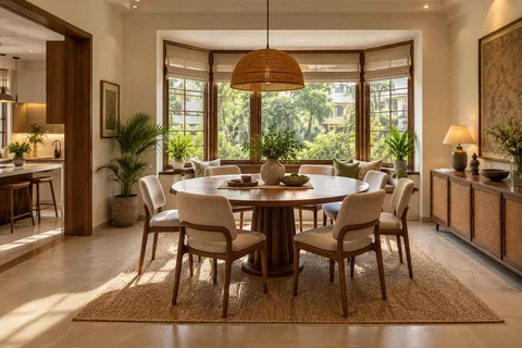 AI-generated dining-room concept: bay-window dining room, adaptable everyday dining direction