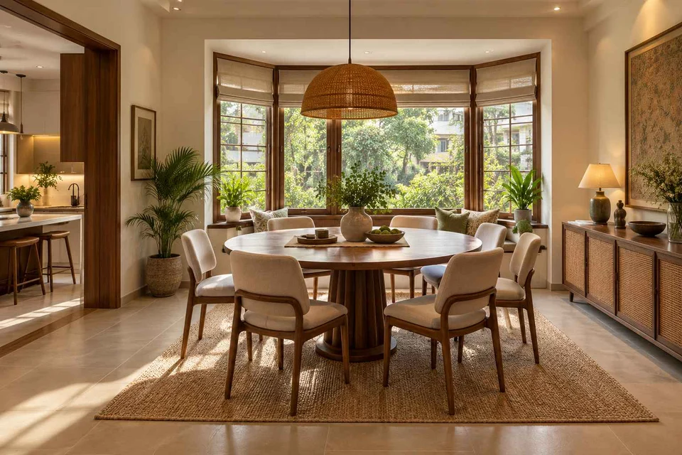 AI-generated dining-room concept: bay-window dining room, adaptable everyday dining direction