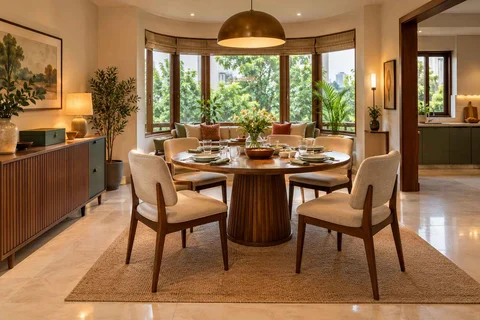 AI-generated dining-room concept: bay-window dining room, board-game supper direction