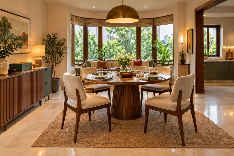 AI-generated dining-room concept: bay-window dining room, board-game supper direction