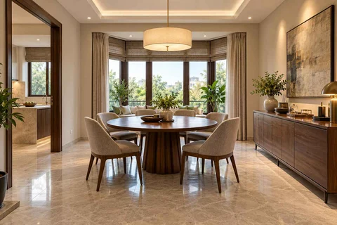 AI-generated dining-room concept: bay-window dining room, buffet-side gathering direction