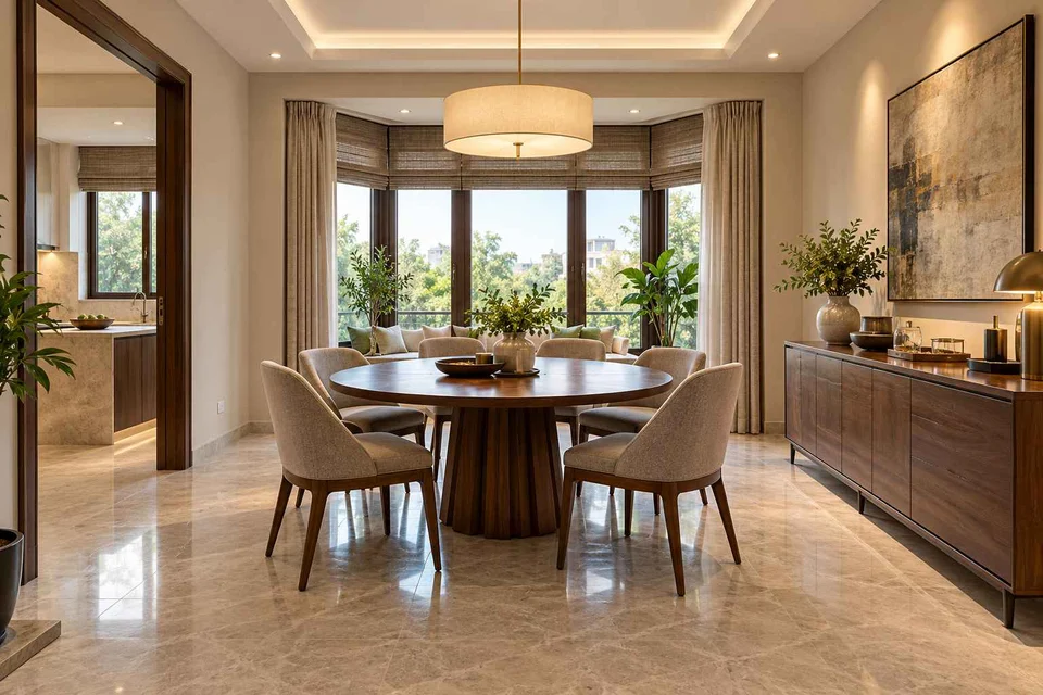 AI-generated dining-room concept: bay-window dining room, buffet-side gathering direction