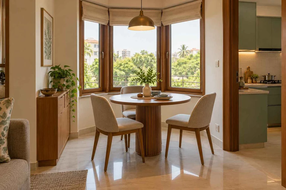 AI-generated dining-room concept: bay-window dining room, children's everyday meals direction
